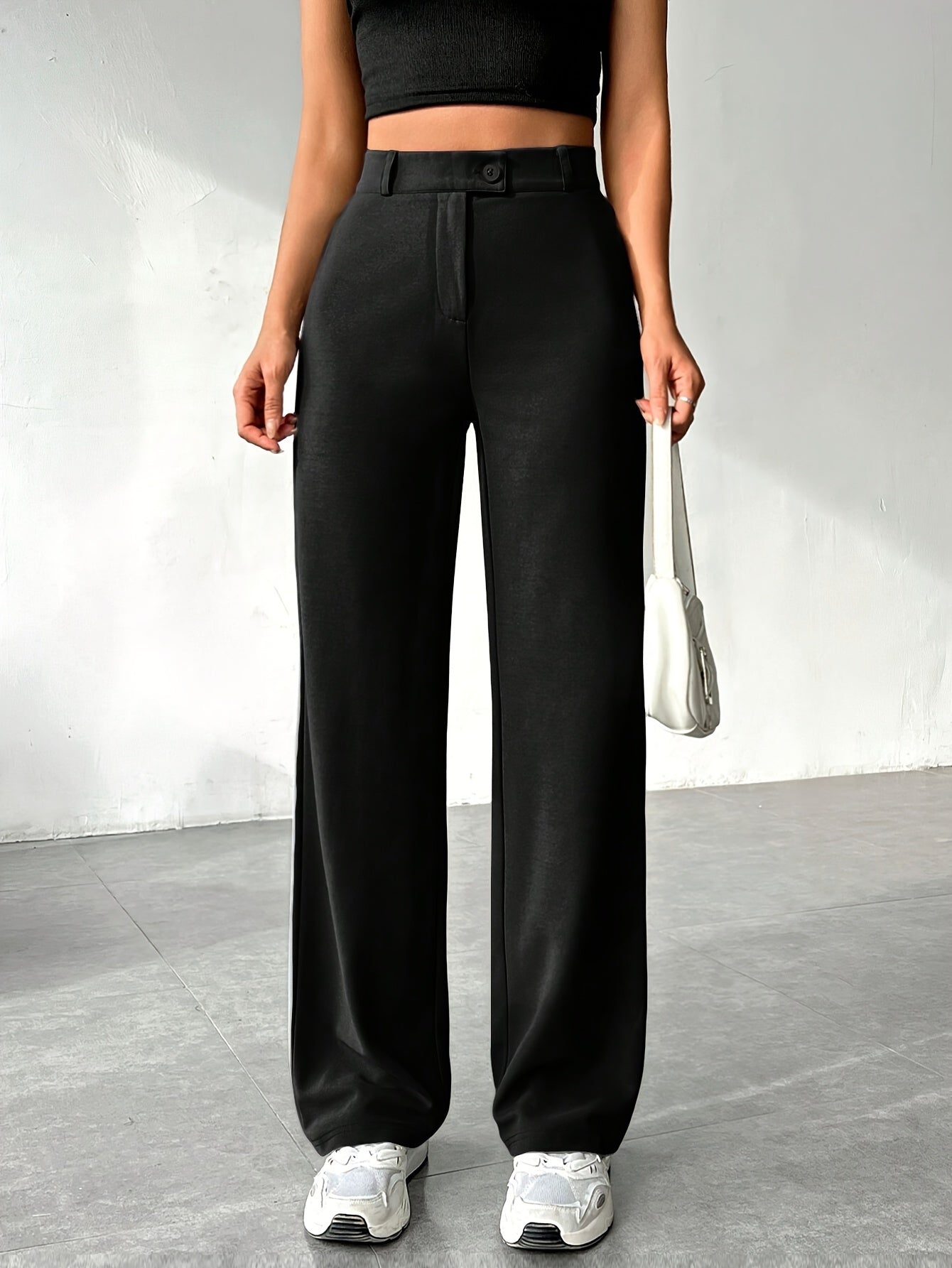 Women'S Casual Fit Straight Pants with Zipper - Solid Color, Woven Polyester, Adult Spring/Fall Collection