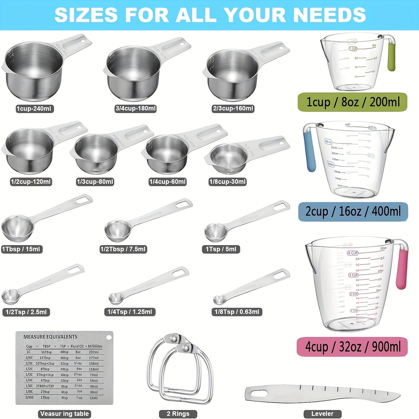 20pcs/set, Measuring Cups And Spoons Set, Stainless Steel Measuring Cups And Spoons Set, Including Stackable Measuring Cup And Measuring Spoons, 1 Leveler For Dry And Liquid Ingredients, Baking Tools, Kitchen Stuff