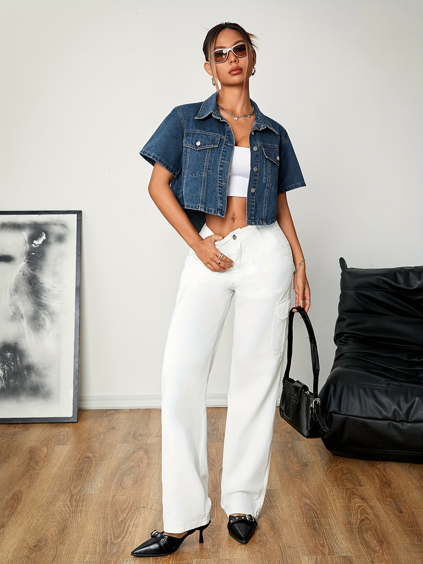 Chic Spring/Summer Women's Denim Jacket - Casual Short Sleeve, Button-Up, Non-Stretch Cotton Blend