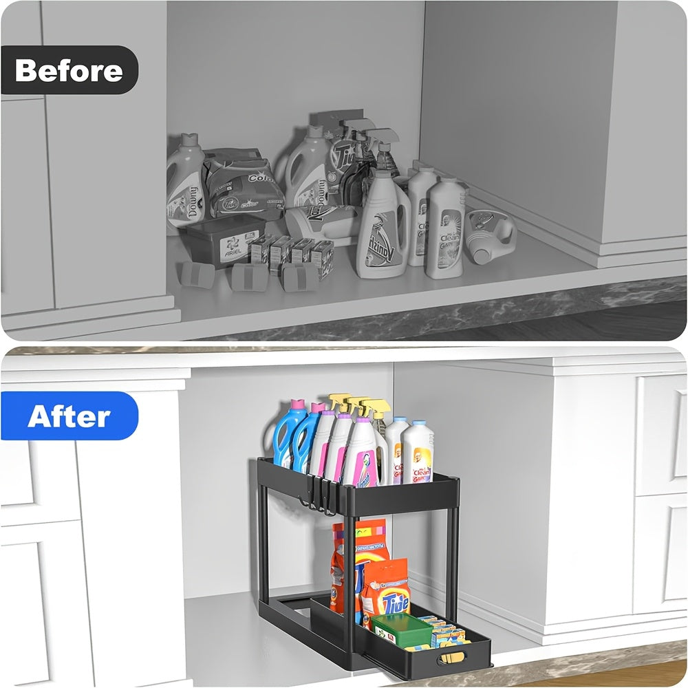 Under Sink Organizer 2 Pack, Kitchen Cabinet Organizer, 2 Tier Sliding Cabinet Basket Organizer Drawer, Multi-Purpose Bath Collection Baskets for Kitchen Under Counter Storage Organizer with 8 Hooks
