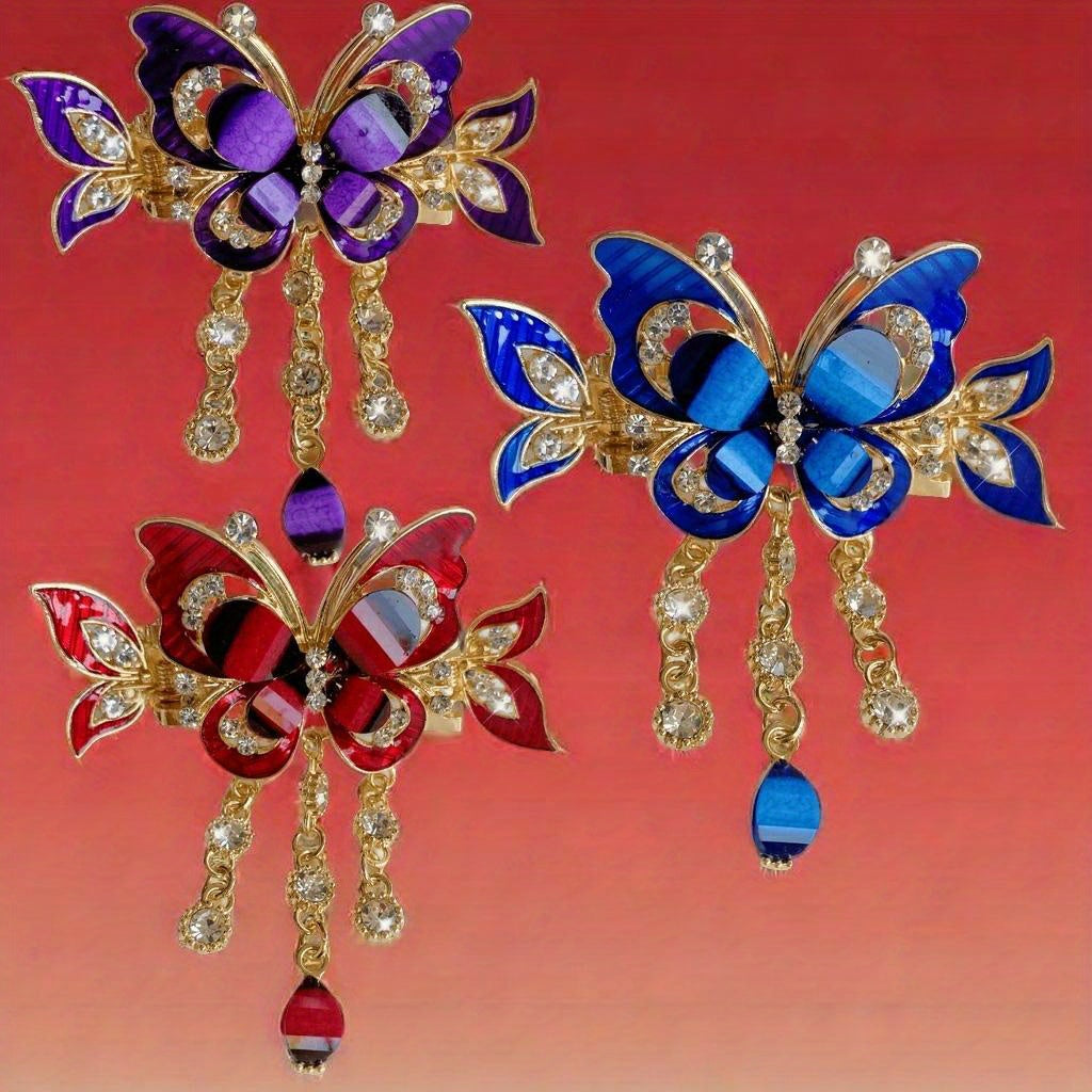 Three-Piece Set, Sparkling Hairpin, Butterfly Tassel, Diamond Jewelry, Vintage Bohemian Tail Hair Tie, Christmas Gift, Holiday Collar Gift, New Year'S Gift, Daughter, Mother Gift.