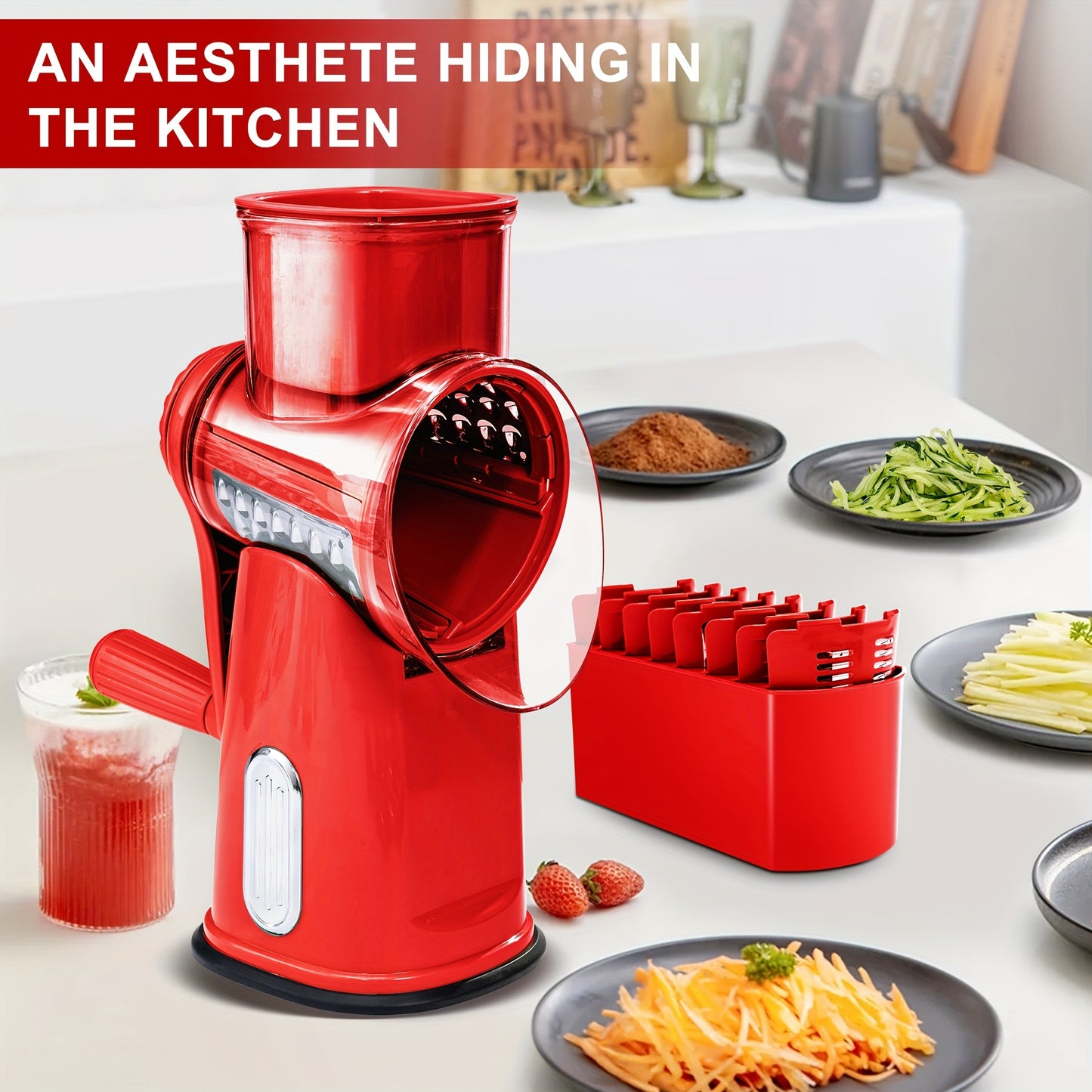 SUSTEAS Rotary Cheese Grater With Handle - Vegetable Shredder With 5 Well-designed Blades & Strong Suction Base, Round Mandoline Slicer & Food Chopper For Kitchen, With Blade Storage Box