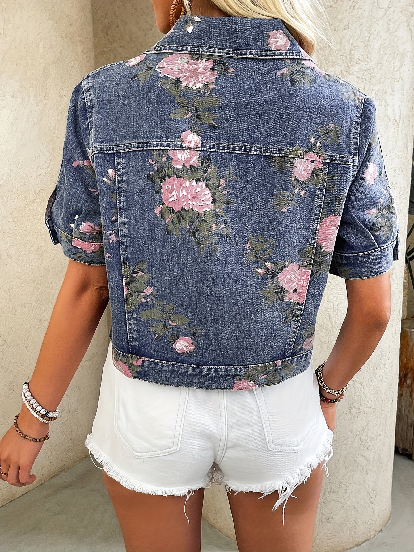Print Denim Jacket for Women - Short Sleeve, Button-Up, Non-Stretch Fabric, Machine Washable - Perfect for Spring/Summer