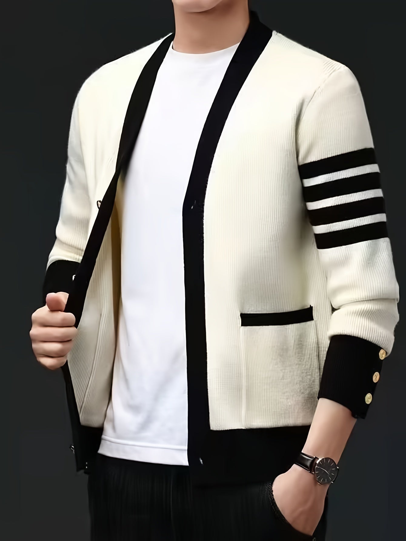 Men's New Stylish Cardigan Sweater. Autumn Patchwork Color, With A Sense Of High Class And Trendy. Loose Fit Knitted Jacket.