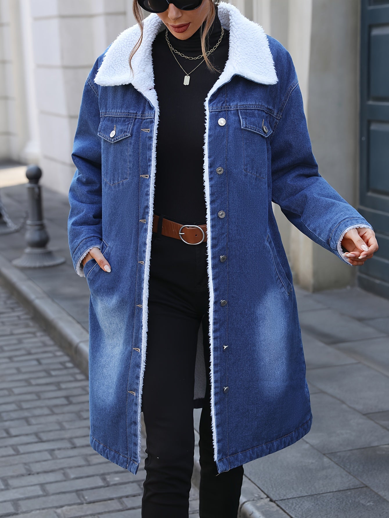 Morin Elegant Mid-Length Denim Jacket with Faux Fur Trim - Women's Winter Loose Fit, Button-Up, Long Sleeve, Flap Pocket Coat, Machine Washable, Cotton/Polyester Blend