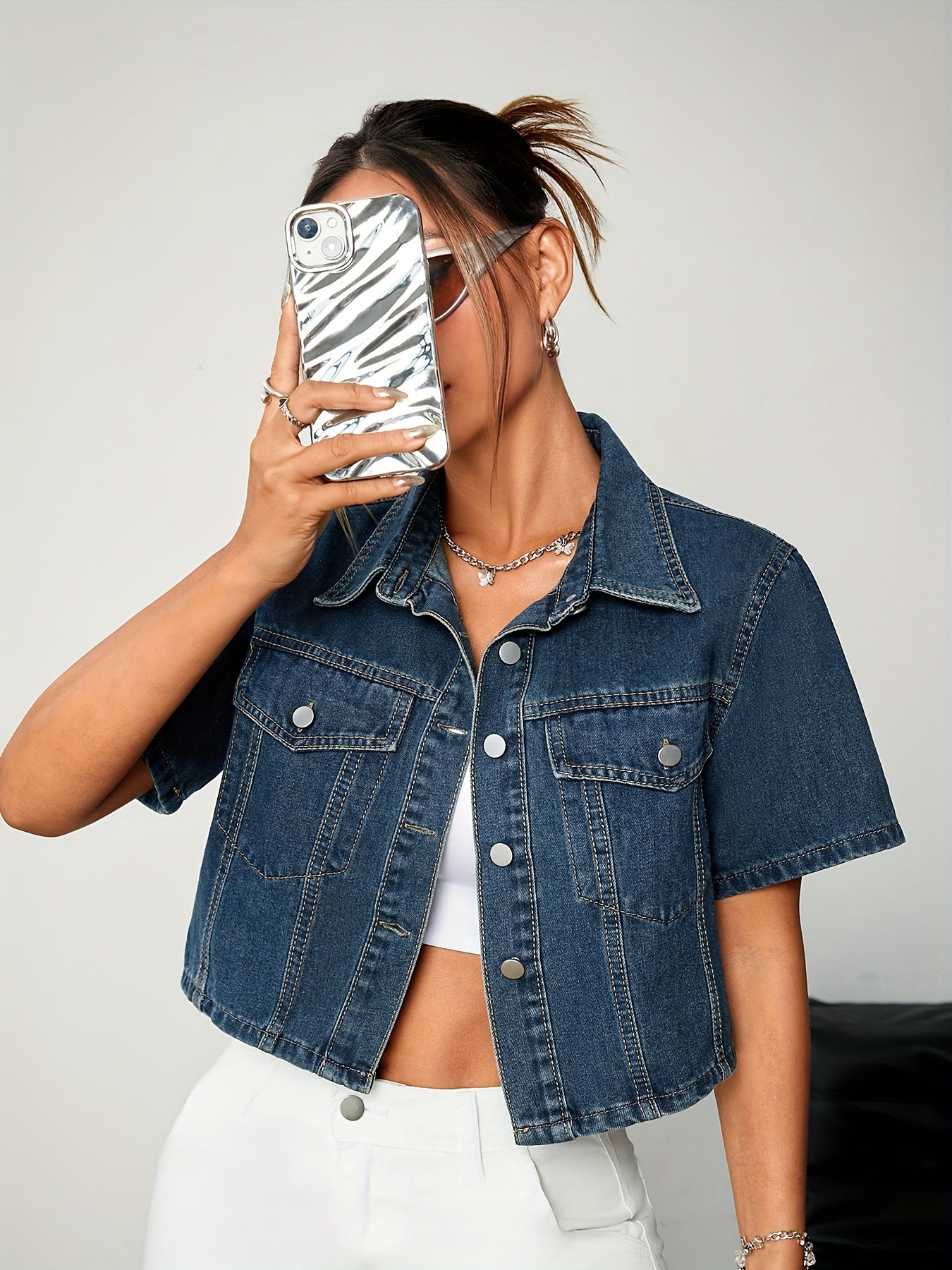 Chic Spring/Summer Women's Denim Jacket - Casual Short Sleeve, Button-Up, Non-Stretch Cotton Blend
