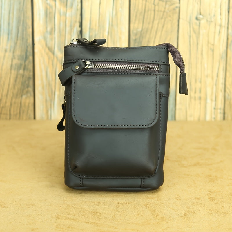 Genuine Leather Crossbody Bag, Casual Retro Style, Multi-Functional Outdoor Purse with 7-inch Mobile Phone Pocket, Hook Wear Belt, Uncharged - Ideal for Going Out