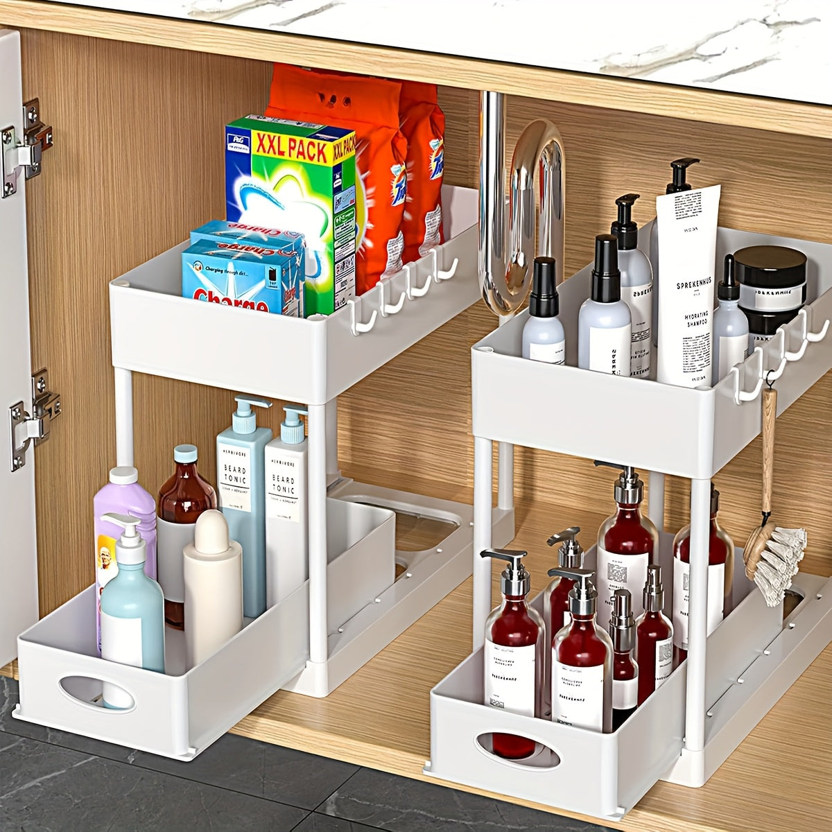 Under Sink Organizer 2 Pack, Kitchen Cabinet Organizer, 2 Tier Sliding Cabinet Basket Organizer Drawer, Multi-Purpose Bath Collection Baskets for Kitchen Under Counter Storage Organizer with 8 Hooks
