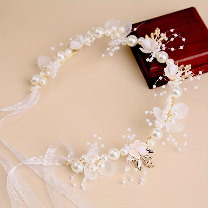 Faux Pearl Flower Beaded Headband Exquisite Flower Ring Wedding Bridal Headpiece Tulle Bandage Hair Accessories