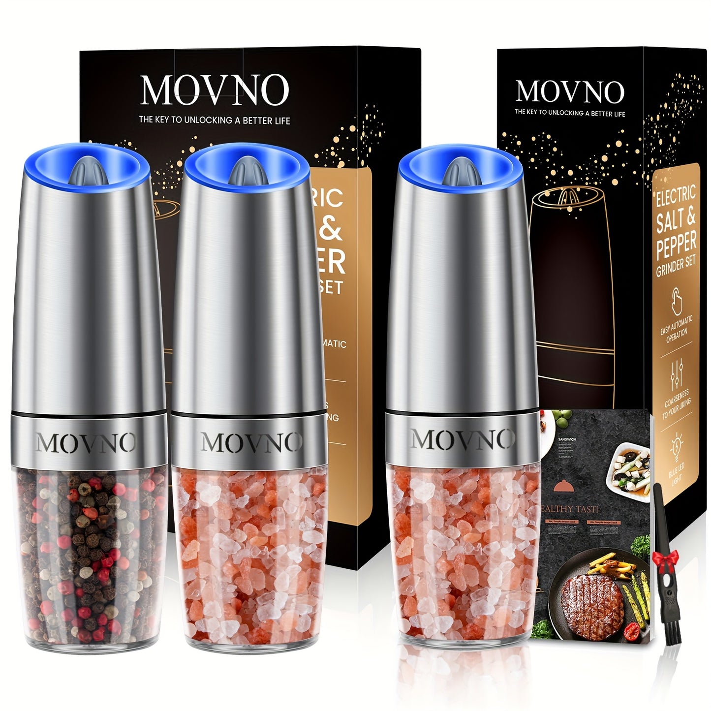 Gravity Electric Salt and Pepper Grinder Set, Battery Powered LED Light One Hand Automatic Operation, Adjustable Coarseness Mill Grinders Shakers Black, Kitchen Gadgets Gift Ideas