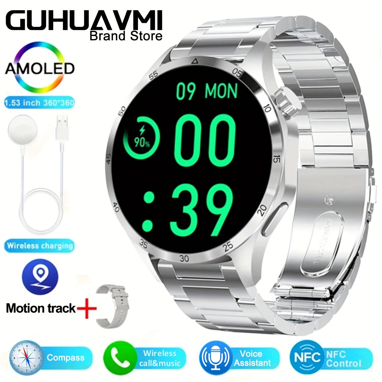1pc GUHUAVMI Men's Outdoor Sports Smartwatch 4 Pro, 1.53-inch 360 * 360HD Full Touch Screen, Wireless Call, Voice Assistant, NFC, GPS Trajectory, Compass, Pedometer, Altitude, Fitness Tracker Smartwatch, Suitable For Android/