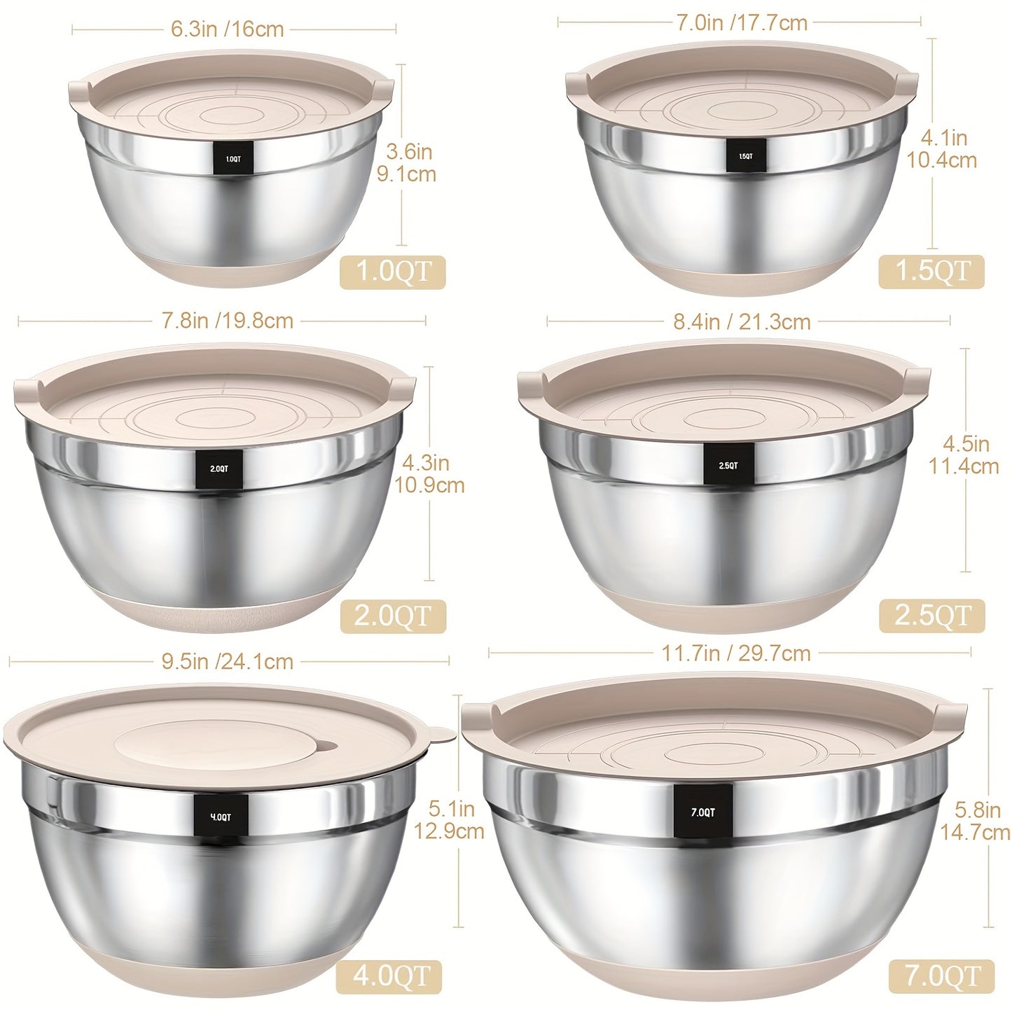 Mixing Bowls with Airtight Lids, 26pcs Stainless Steel Bowls Set 6 bowls & Lids + 20 kitchen tools, 3 Grater Attachments & Black Non-Slip Bottoms Size 7, 4, 2.5, 2.0, 1.5, 1QT, Great for Mixing & Serving
