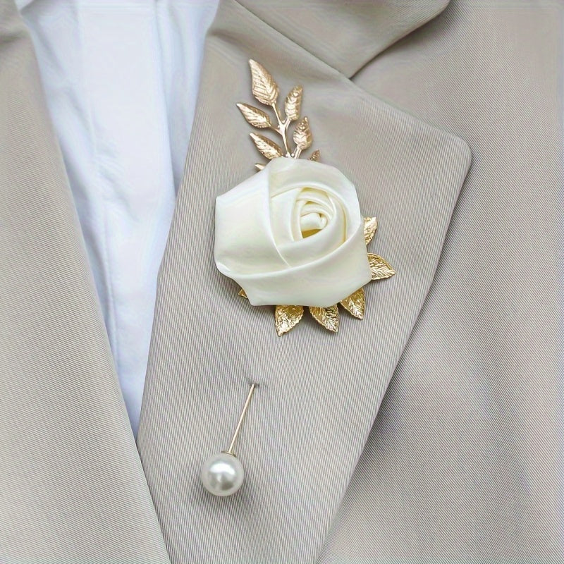 1pc High-end Faux Pearl & Rose Bud Boutonniere For Wedding Party Prom Decorations