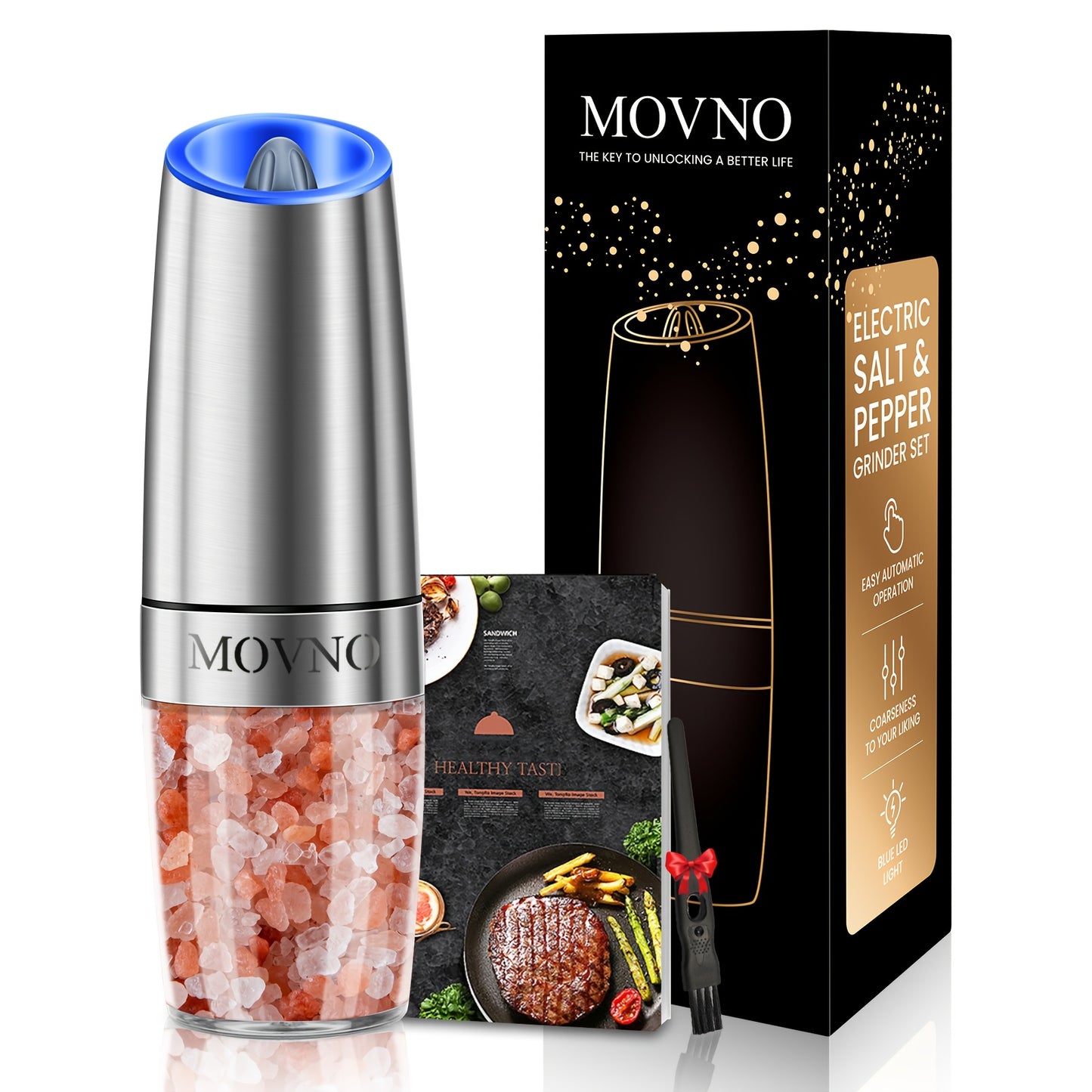 Gravity Electric Salt and Pepper Grinder Set, Battery Powered LED Light One Hand Automatic Operation, Adjustable Coarseness Mill Grinders Shakers Black, Kitchen Gadgets Gift Ideas