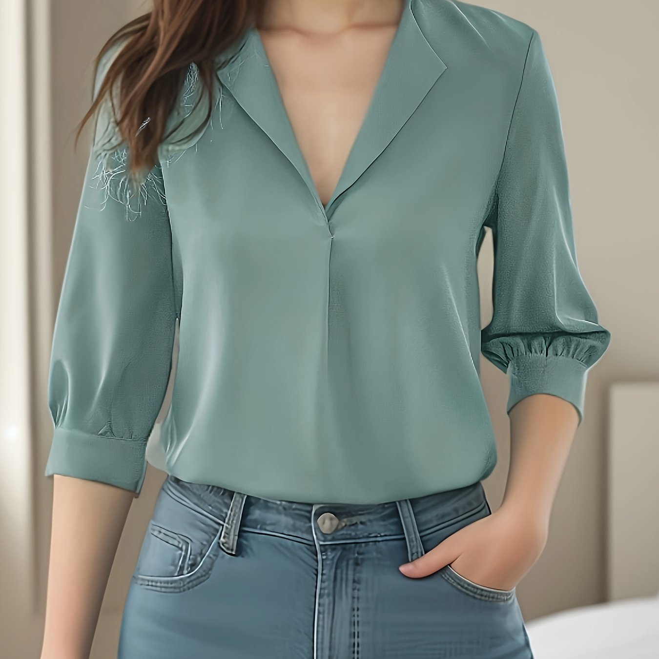 Plain Color V-neck Simple Blouse, Casual 3/4 Sleeve Commuter Top For Spring & Summer, Women's Clothing