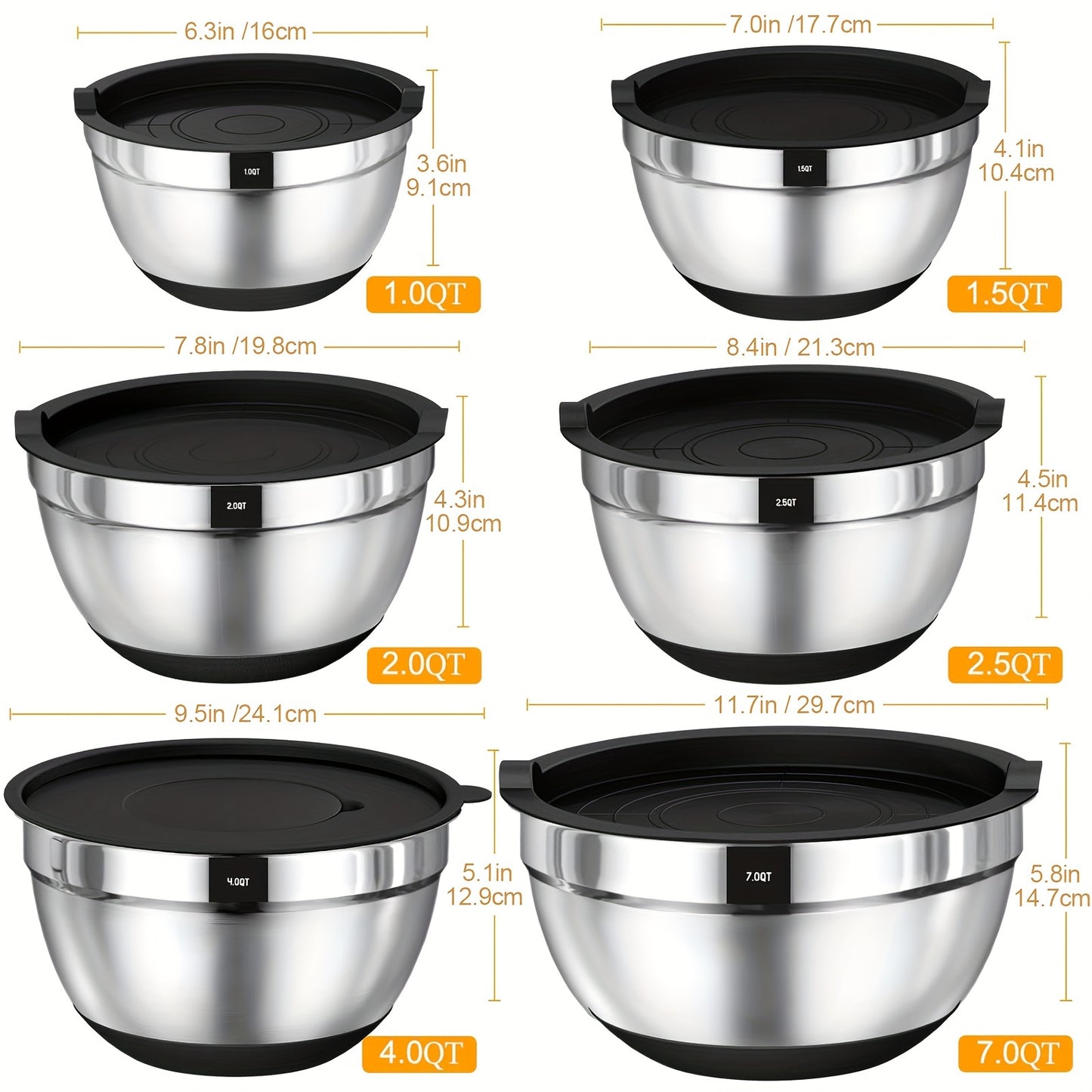 Mixing Bowls with Airtight Lids, 26pcs Stainless Steel Bowls Set 6 bowls & Lids + 20 kitchen tools, 3 Grater Attachments & Black Non-Slip Bottoms Size 7, 4, 2.5, 2.0, 1.5, 1QT, Great for Mixing & Serving