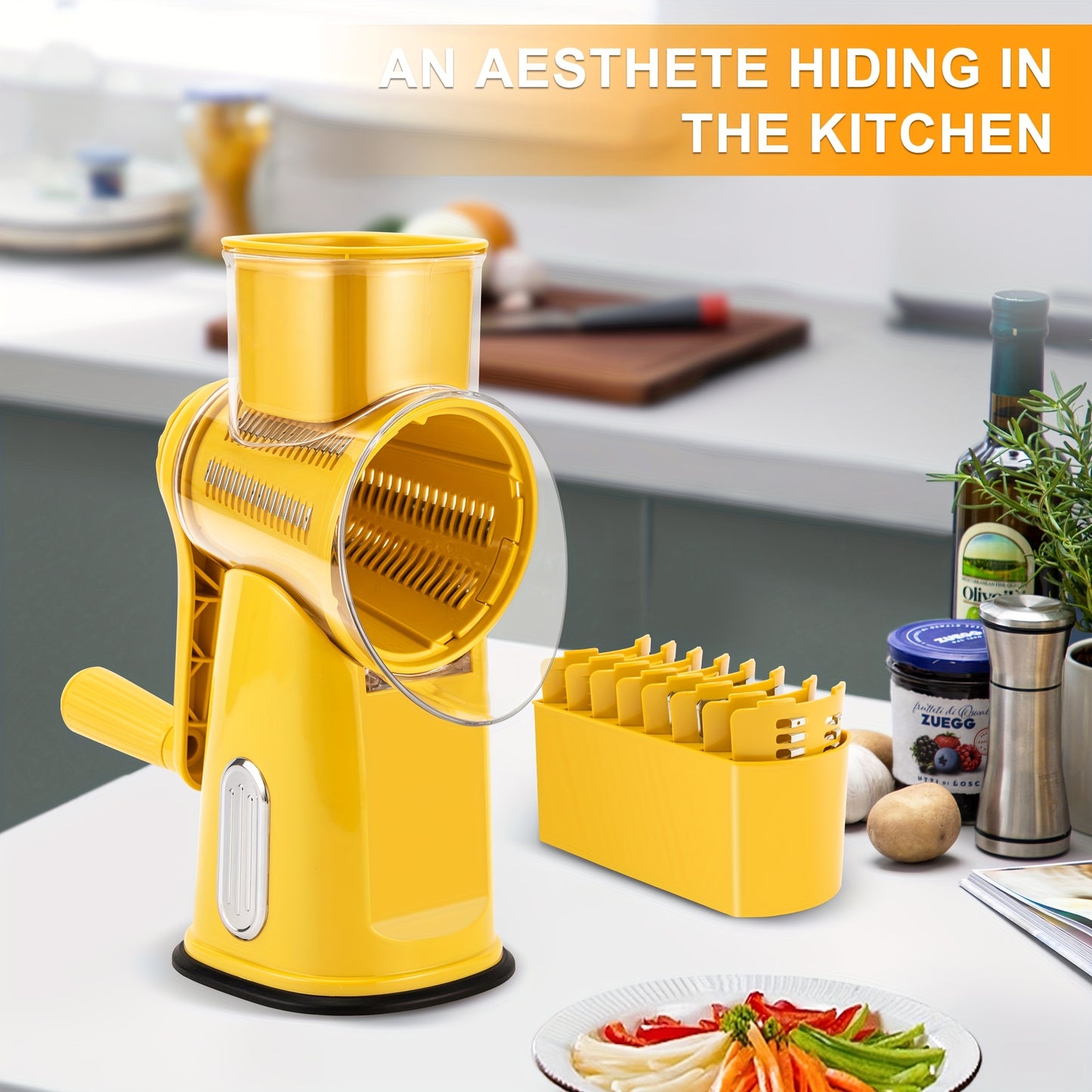 SUSTEAS Rotary Cheese Grater With Handle - Vegetable Shredder With 5 Well-designed Blades & Strong Suction Base, Round Mandoline Slicer & Food Chopper For Kitchen, With Blade Storage Box