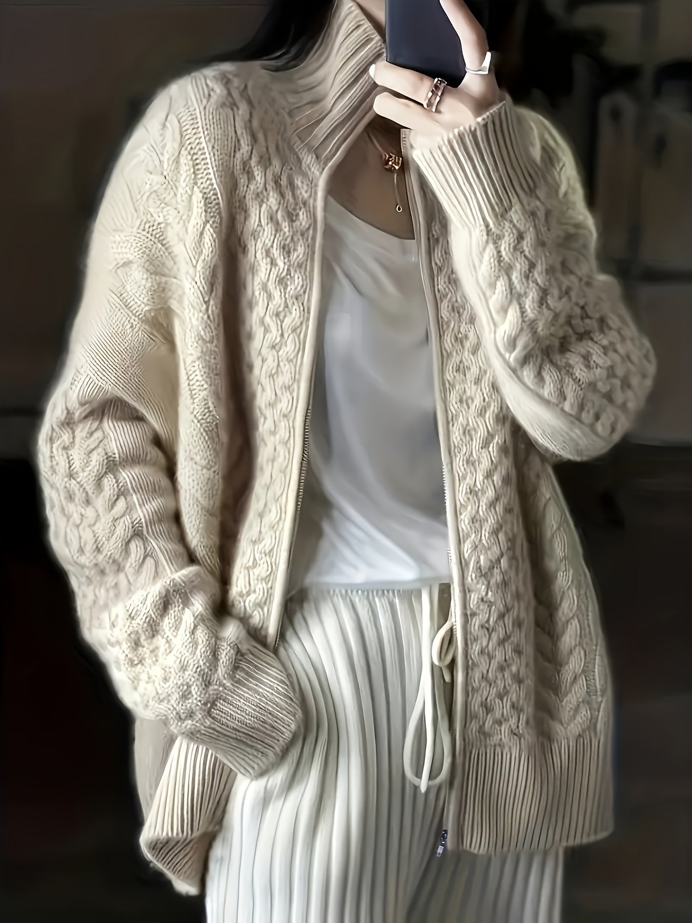 Plus Size Twist Textured Cardigan, Casual Long Sleeve Zipper Cardigan, Women's Plus Size Clothing