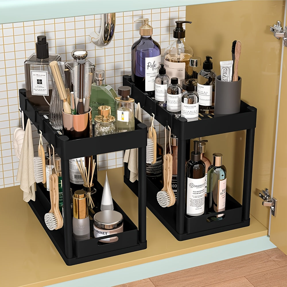 Under Sink Organizer 2 Pack, Kitchen Cabinet Organizer, 2 Tier Sliding Cabinet Basket Organizer Drawer, Multi-Purpose Bath Collection Baskets for Kitchen Under Counter Storage Organizer with 8 Hooks