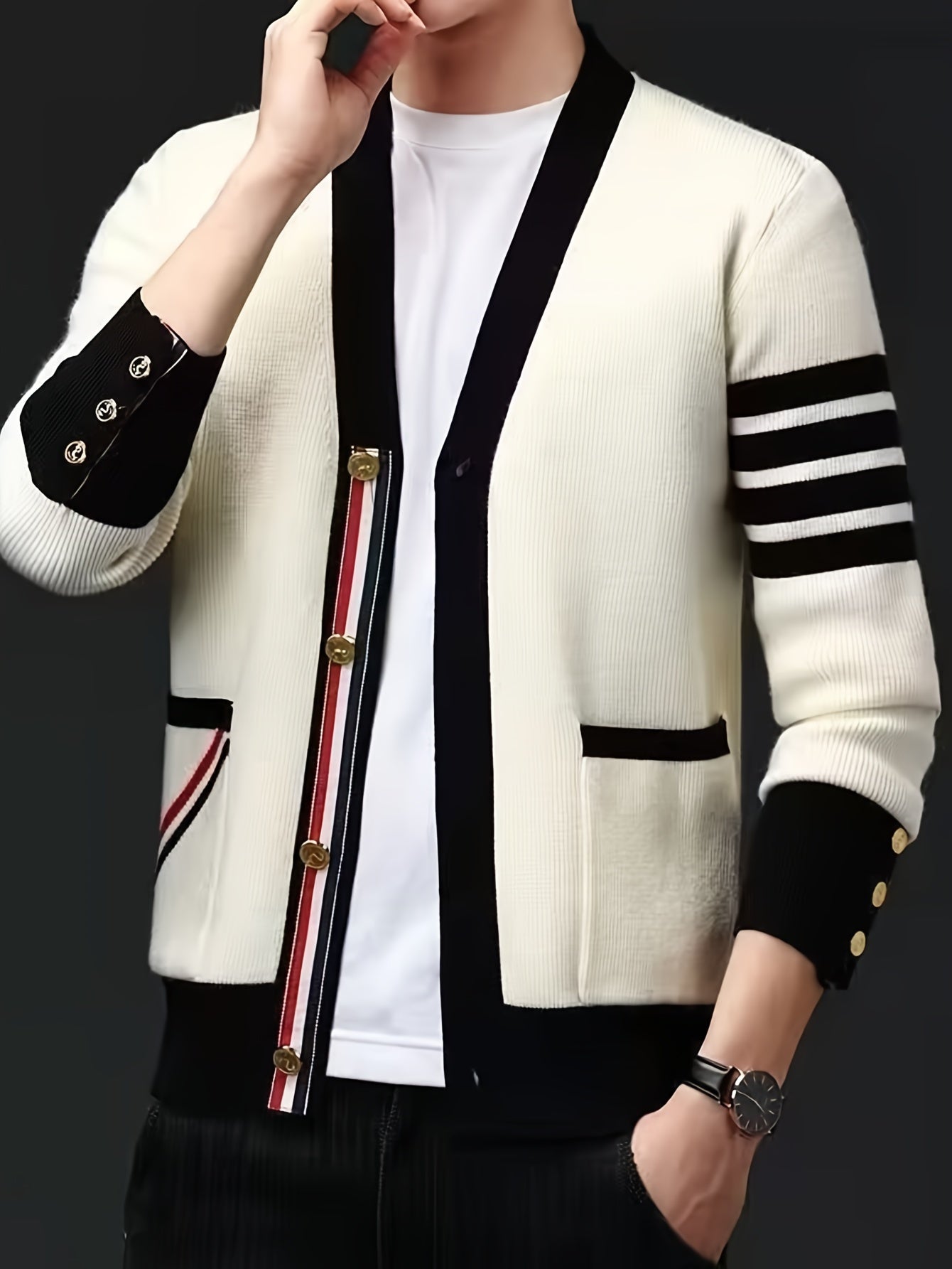 Men's New Stylish Cardigan Sweater. Autumn Patchwork Color, With A Sense Of High Class And Trendy. Loose Fit Knitted Jacket.