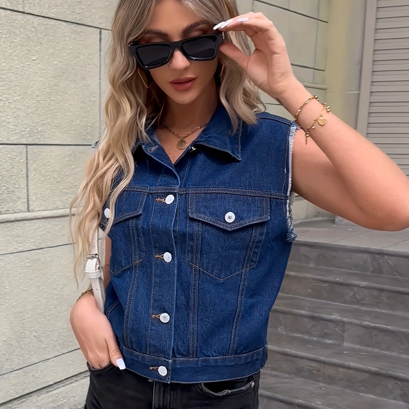 Blue Sleeveless Versatile Denim Jackets, Single-Breasted Button Flap Pockets Lapel Denim Vest, Women's Denim Clothing