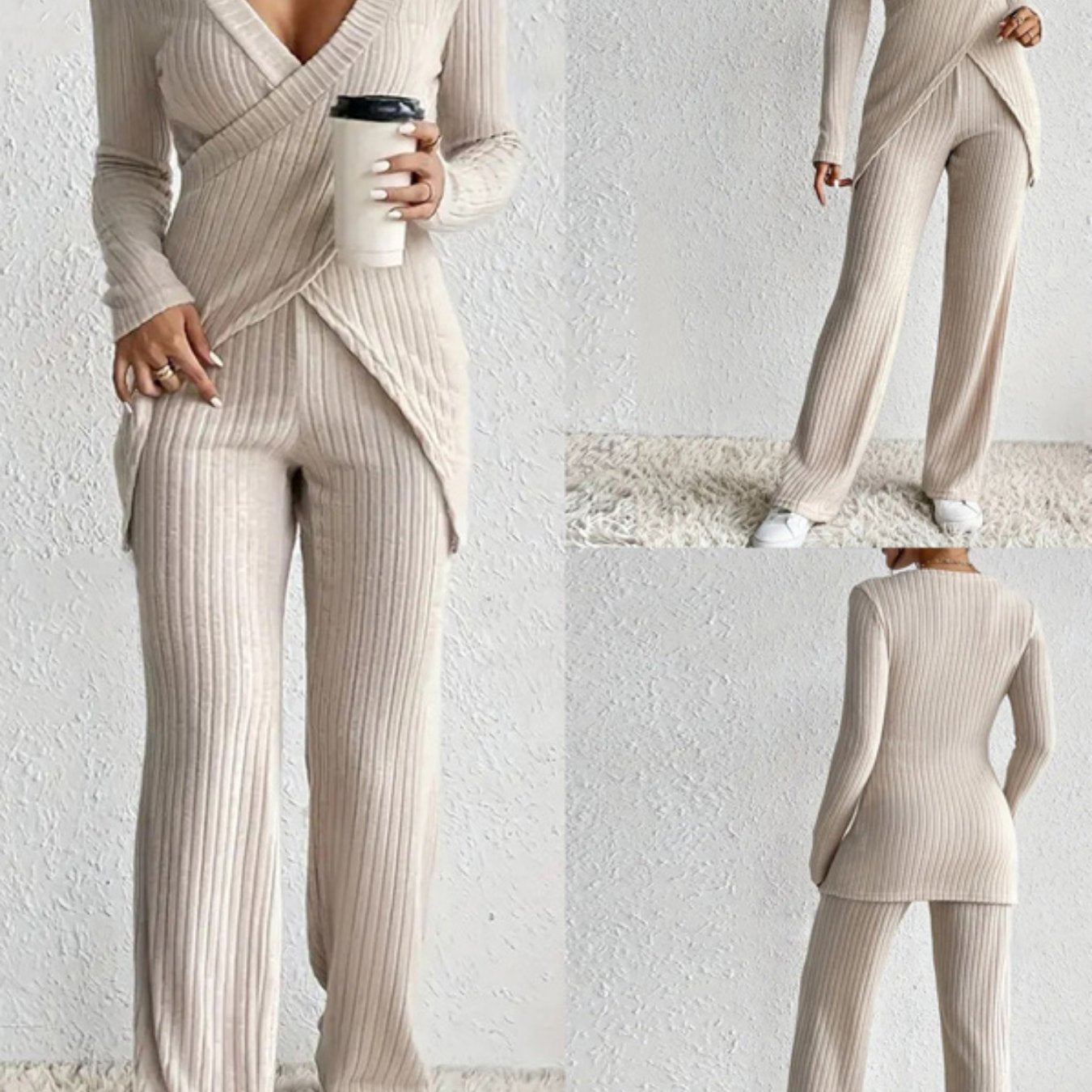 Women's Ribbed Fall Set Solid Color V-Neck Long Sleeve Slim Fit Cross Front Tops Long Pants 2pcs Outfits