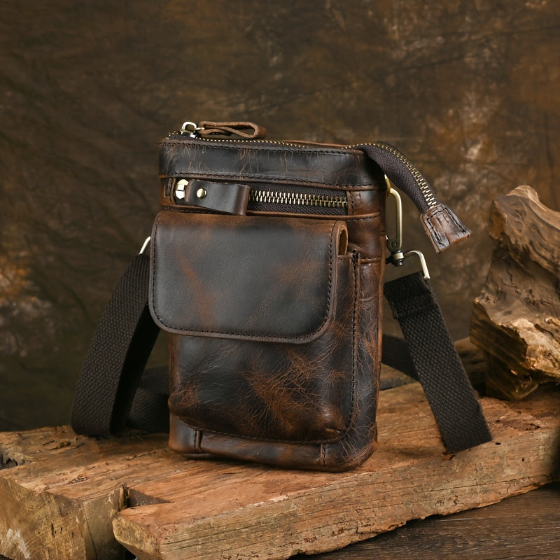 Genuine Leather Crossbody Bag, Casual Retro Style, Multi-Functional Outdoor Purse with 7-inch Mobile Phone Pocket, Hook Wear Belt, Uncharged - Ideal for Going Out