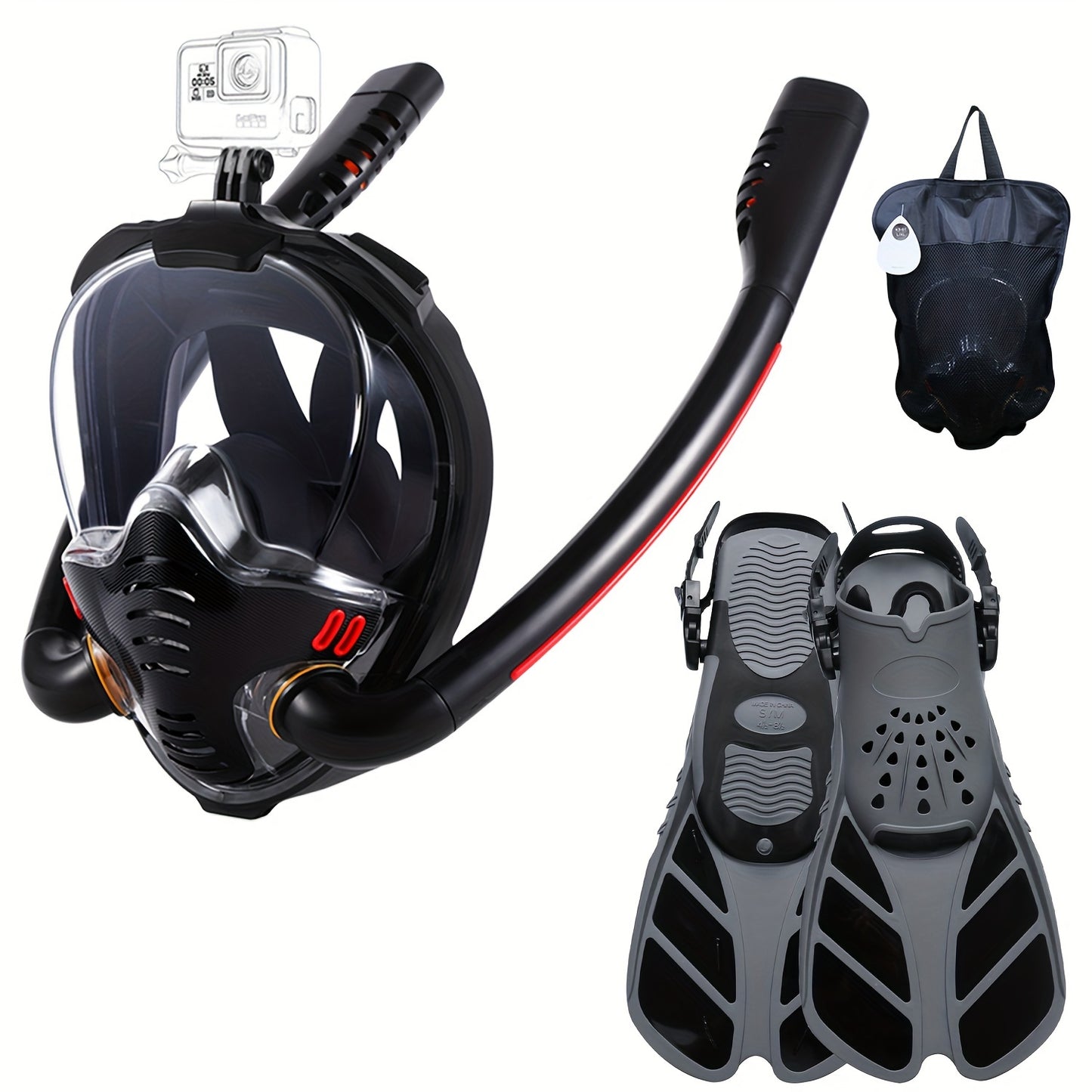 BOKEFA Adult Snorkel Mask & Fins Set - Adjustable Full Face, 180° Panoramic View, Anti-Fog, Leakproof Design with Enhanced Airflow & GoPro Mount, Comfortable Polycarbonate Gear for Men & Women, Snorkeling Gear for Adults