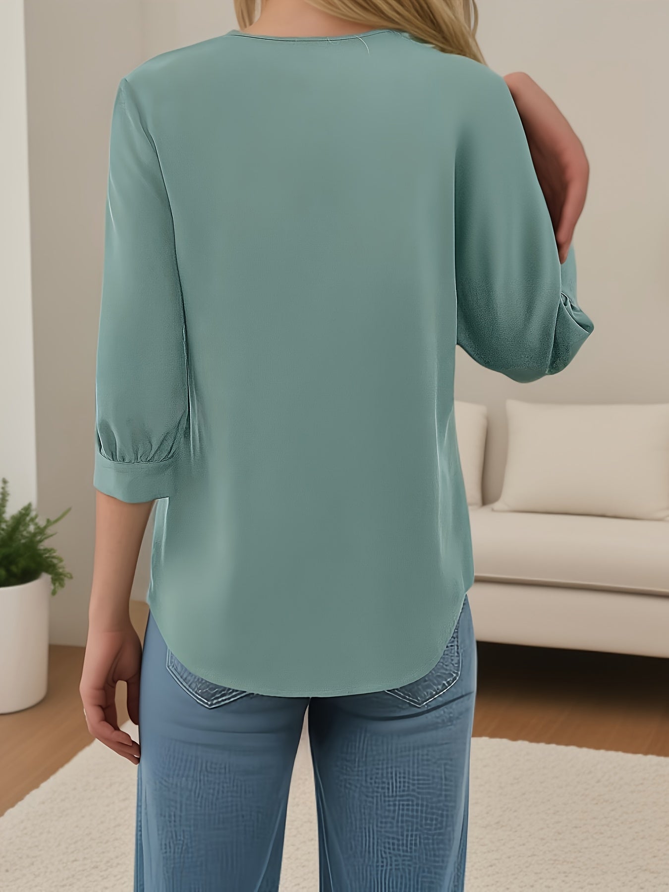 Plain Color V-neck Simple Blouse, Casual 3/4 Sleeve Commuter Top For Spring & Summer, Women's Clothing