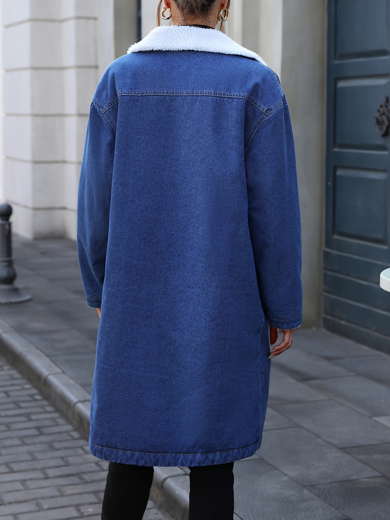 Morin Elegant Mid-Length Denim Jacket with Faux Fur Trim - Women's Winter Loose Fit, Button-Up, Long Sleeve, Flap Pocket Coat, Machine Washable, Cotton/Polyester Blend