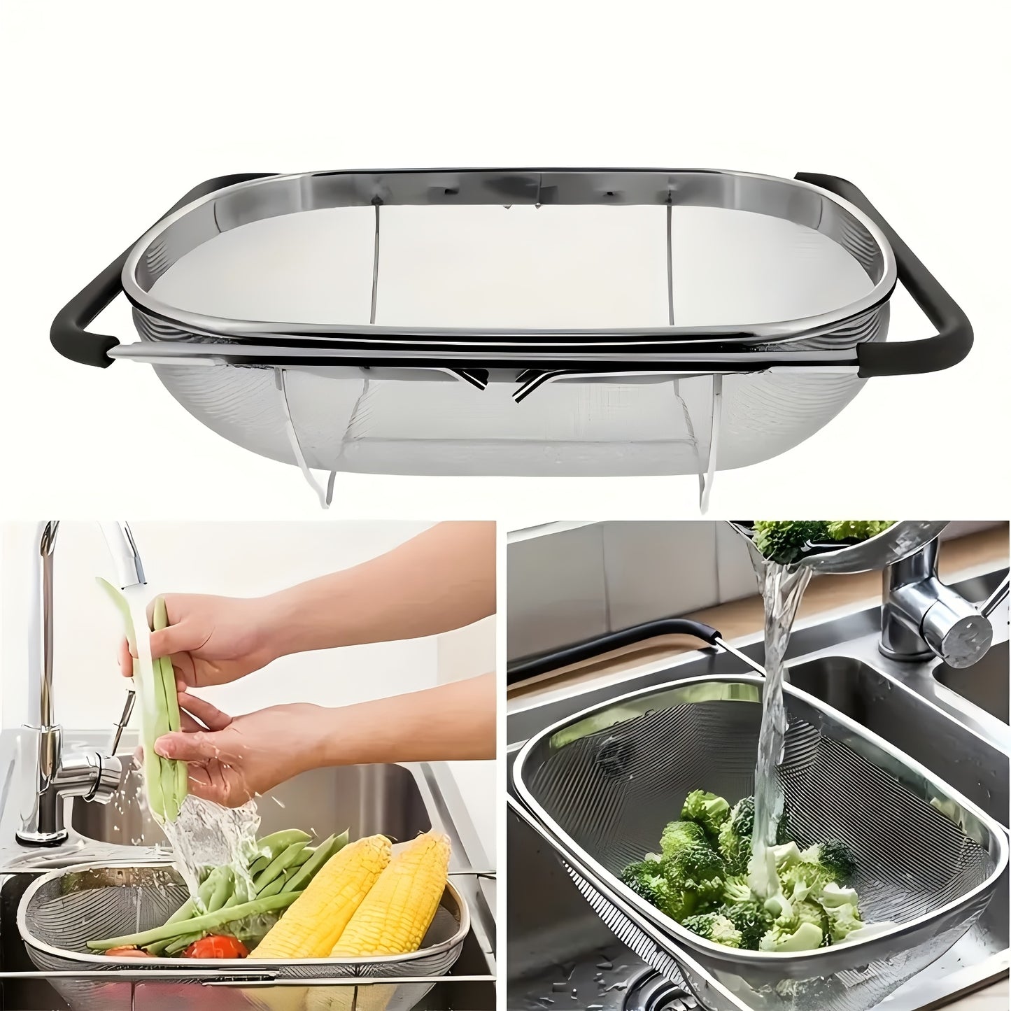Expandable Stainless Steel Filter with Fine Mesh And Drain Basket - Suitable for Vegetables And Fruits, Kitchen Essentials, Food Safety, Filtered Vegetables