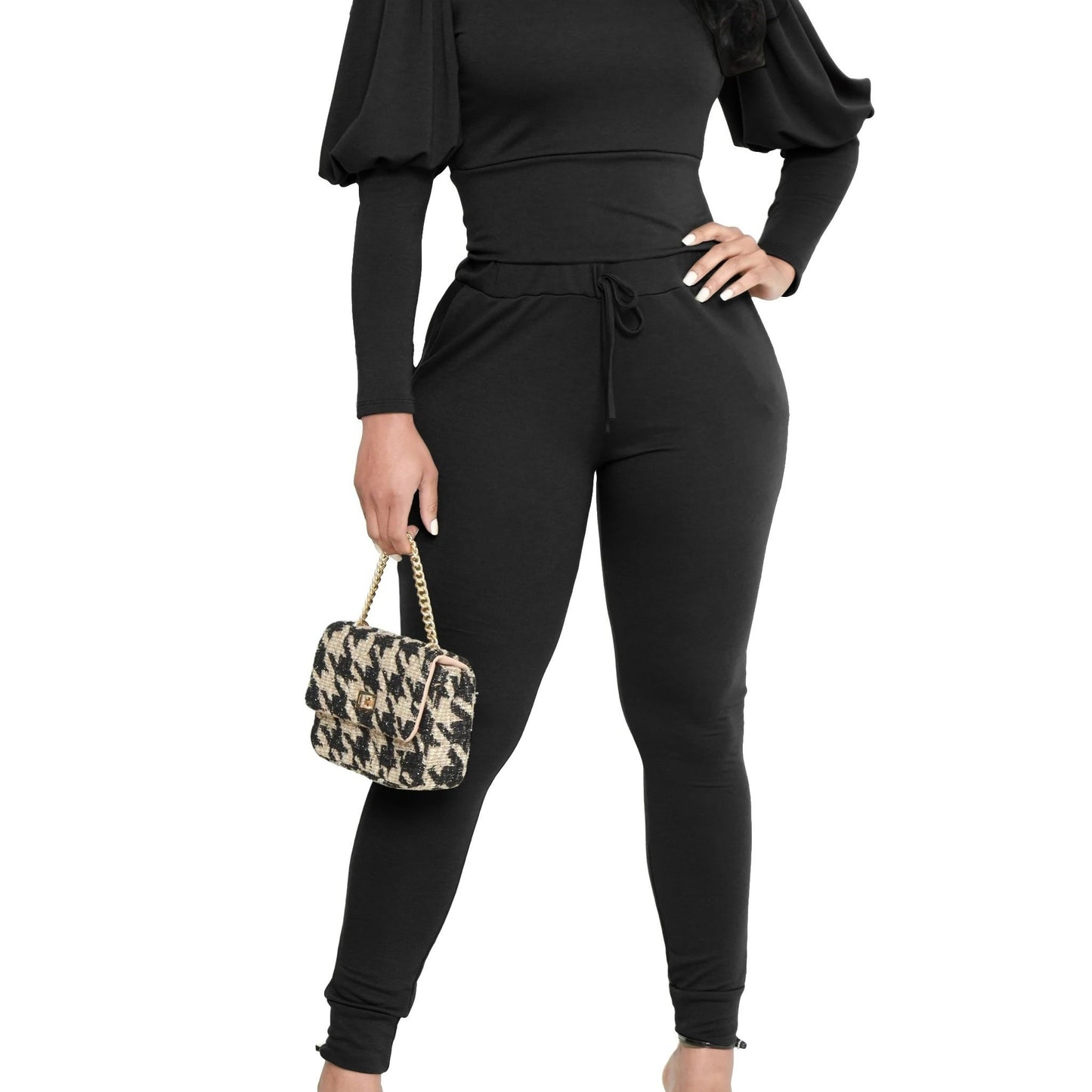 3370 Women's Two-Piece Set with Fluffy Sleeve Top and Jogging Pants, Fashionable Sporty Outfit