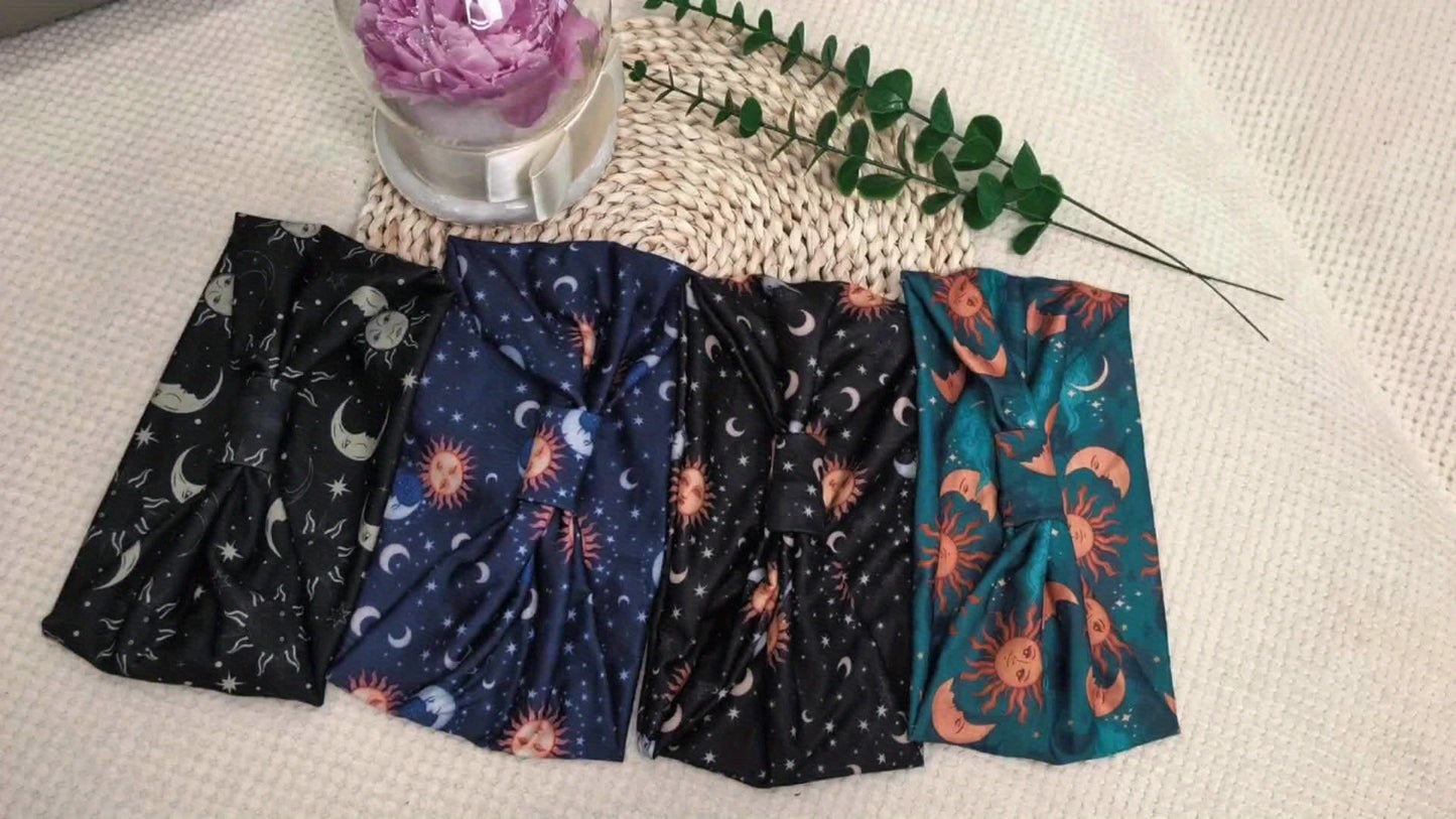 4pcs/Set Moon & Sun Pattern Sports Headband With Anti Slip Knotting, Valentine'S Day Gifts Wide & Soft Fashionable Bohemian Headbands-Elastic Yoga Hair Mask, Non Slip Headbands For Running Sports, Yoga Turban Hair Bands-Hair
