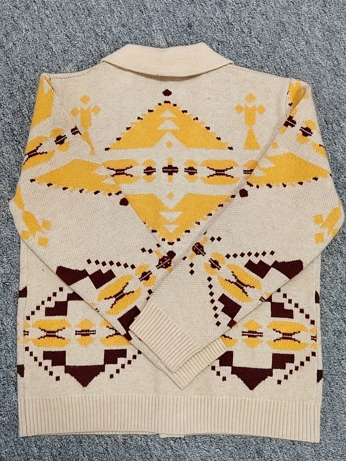 1pc Retro Men'S Casual Acrylic Knit Cardigan - Geometric Pattern, Stretch Fabric, Regular Fit, Lapel Collar, Long Sleeve Leisure Top for Spring Fall Outdoor Holiday