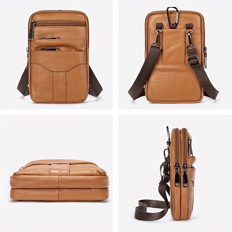 Men's Genuine Leather Crossbody Phone Holster - Brown Waist Pack with Multiple Zipped Pockets, Adjustable Strap & Headphone Hole for Casual Outings