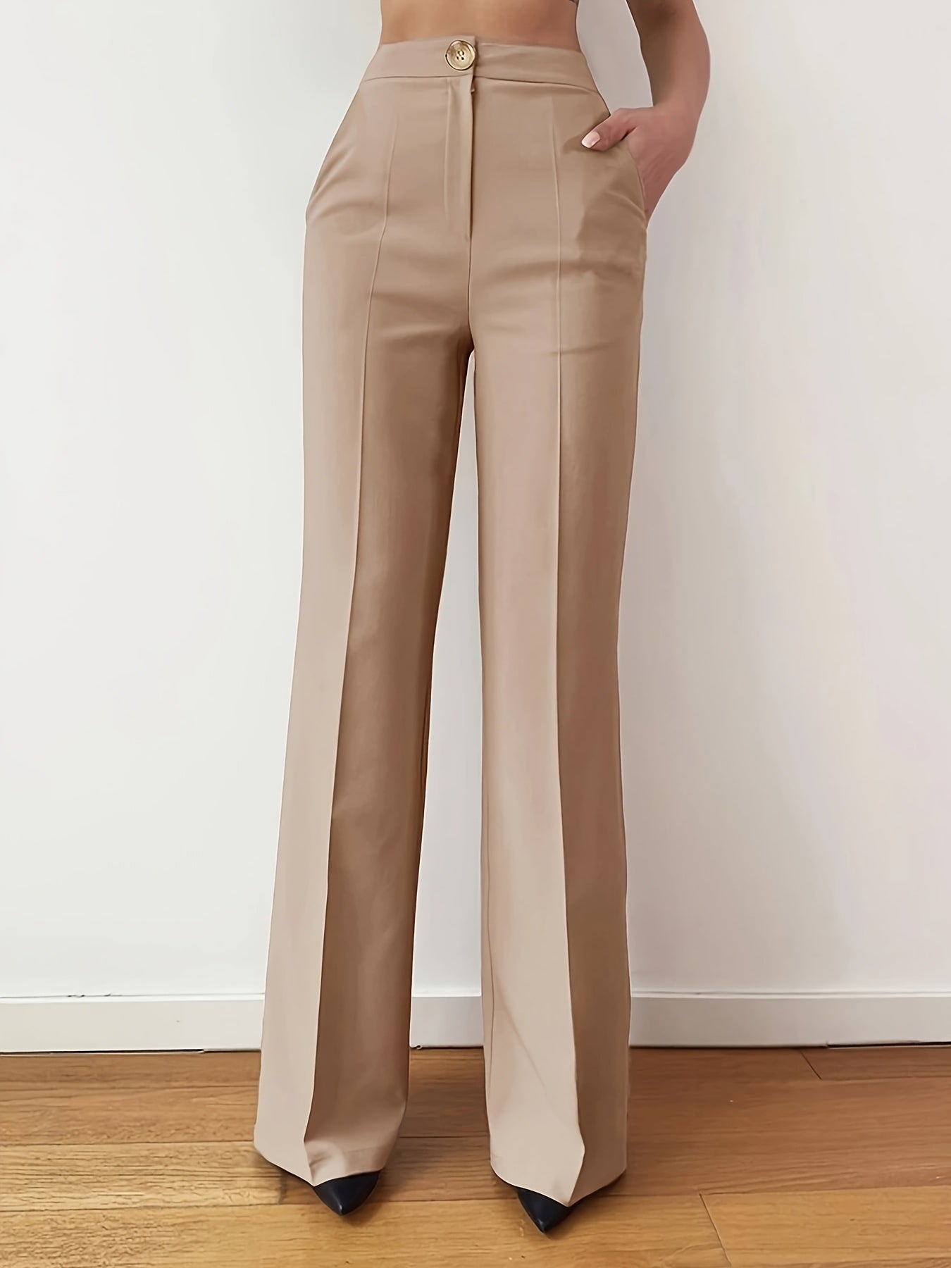 Women's Elegant Straight-Leg Trousers - High-Rise Beige Polyester Blend, Button Detail, Machine Washable, All-Season Office & Casual Wear, Casual Chic Pants | Button Detail Pants | Glossy Finish