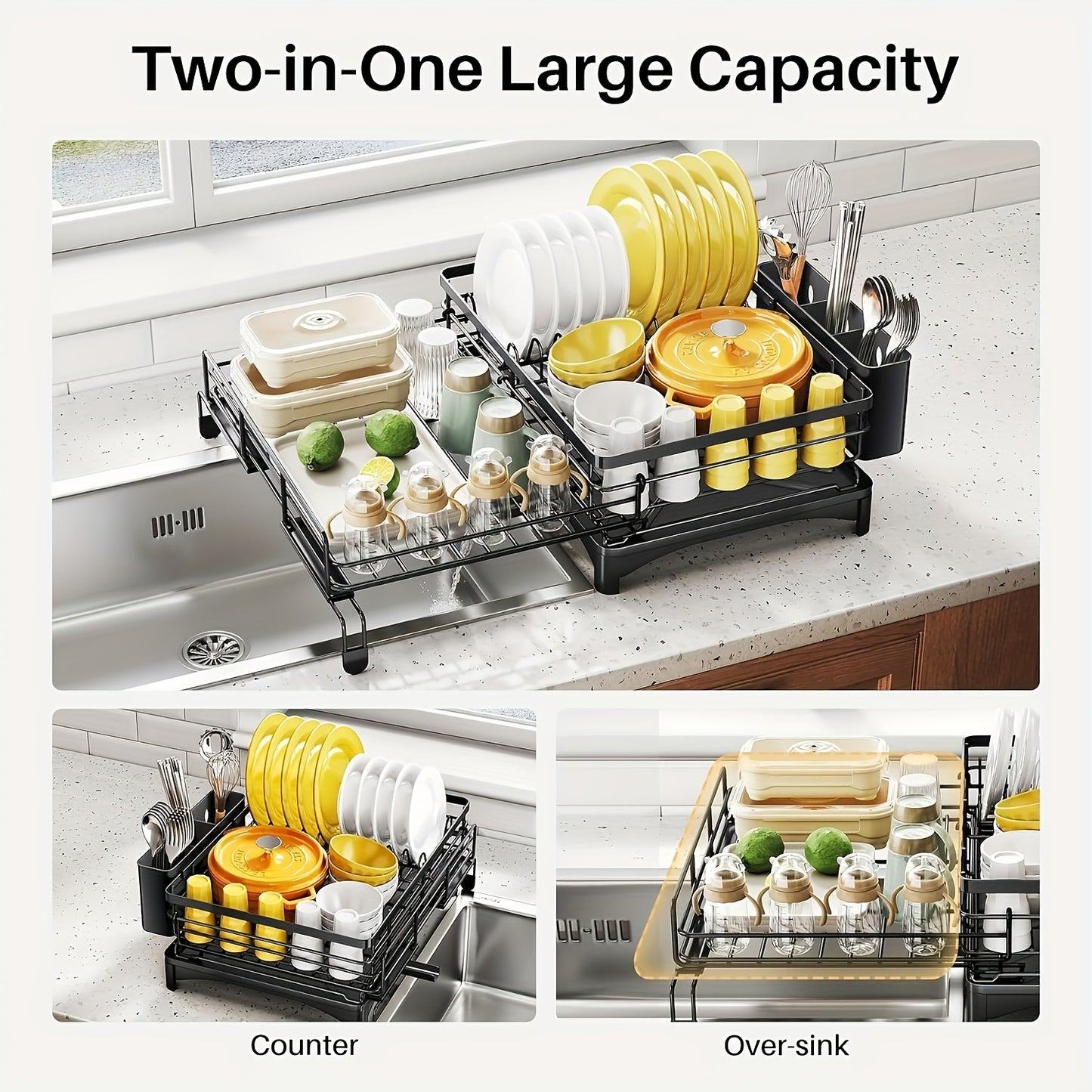 Expandable 2-in-1 Dish Drying Rack - Space-Saving, Rust-Resistant Metal Dish Drainer With Pan Slots, Utensil Holder, And Drainboard For Kitchen Counter And Sink Organization