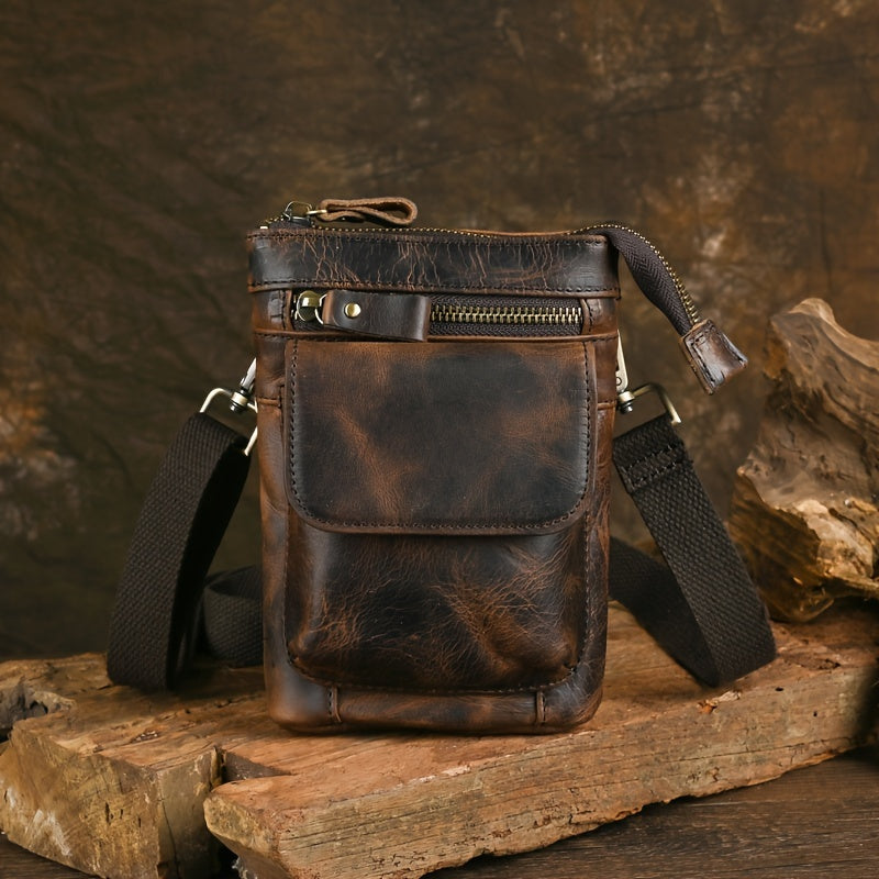 Genuine Leather Crossbody Bag, Casual Retro Style, Multi-Functional Outdoor Purse with 7-inch Mobile Phone Pocket, Hook Wear Belt, Uncharged - Ideal for Going Out