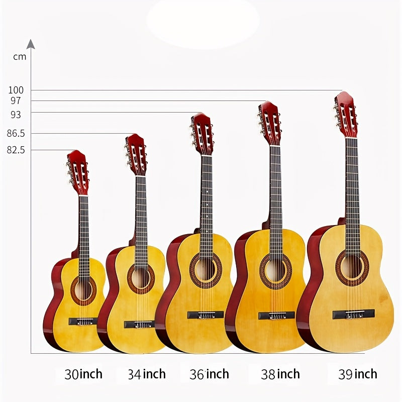 38-Inch Acoustic Classical Guitar Set with Polished Finish - Ideal for Beginners, Includes Case, Strap, Tuning Clip, Cleaning Cloth, Strings & Picks - Available in Orange/Black
