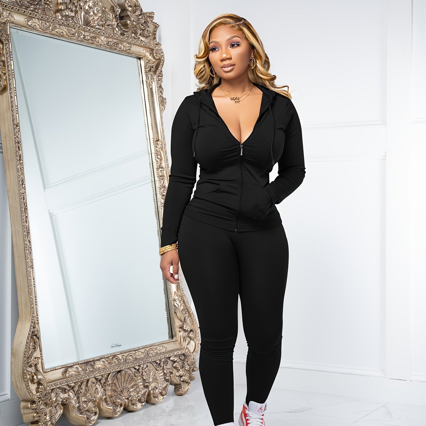 Women Two Piece Outfits Workout Sets Bodycon Tracksuit Long Sleeve Zip Up Hoodie Jacket Jogger Matching Sweat Pants Set