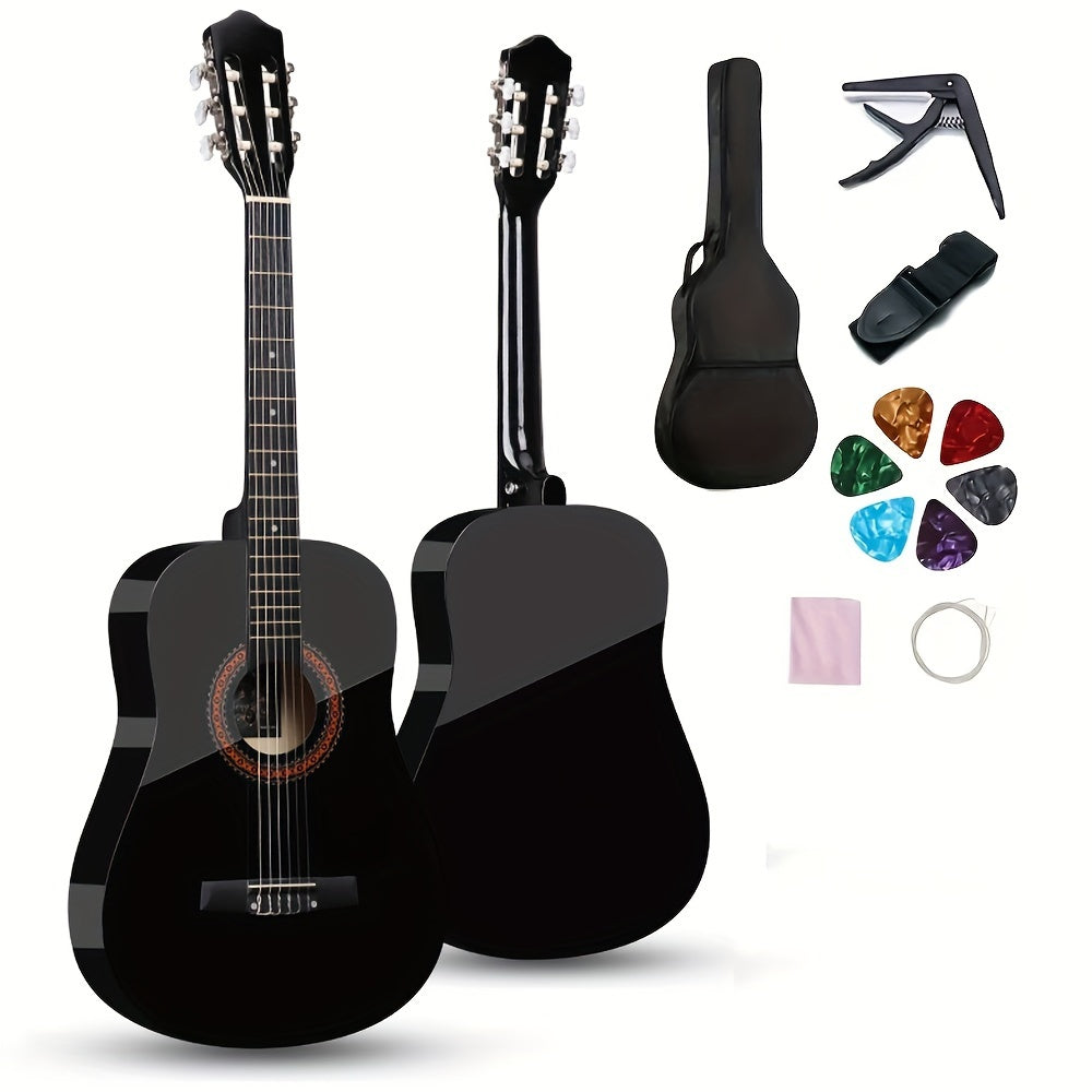 38-Inch Acoustic Classical Guitar Set with Polished Finish - Ideal for Beginners, Includes Case, Strap, Tuning Clip, Cleaning Cloth, Strings & Picks - Available in Orange/Black
