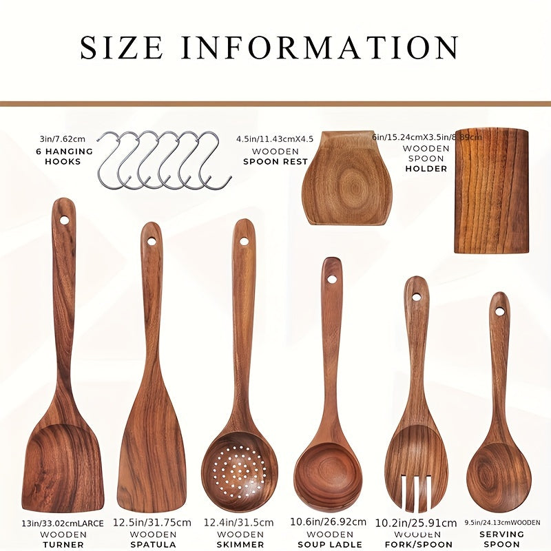Wooden Spoons for Cooking Wooden Utensils for Cooking Set with Hold Spoon Rest and Hooks Teak Wood Nonstick Kitchen Cookware Durable Set of 8pcs