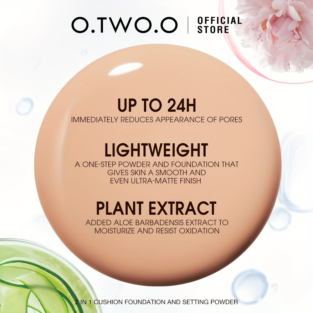 O.TWO.O 2-in-1 Soft Focus & Matte Finish Compact - Long-Lasting, Waterproof, Oil Control, Full Coverage for All Skin Types - Aloe Vera & Peony Root Infused, Natural Look Cushion Foundation, Allday Makeup|Elegant Metallic Case