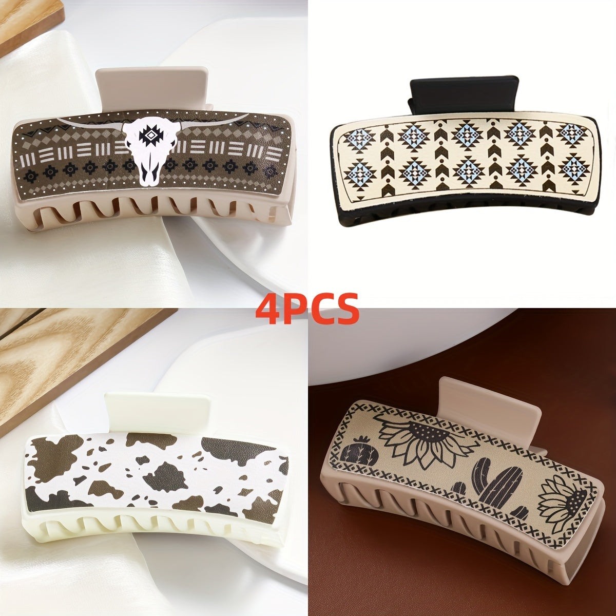 4pcs Oblong Claw Hair Clips, Western Cowboy Printed Hair Grab Clip, Elegant Minimalist Style Design for Daily Use, Trendy Fashionable Hair Accessories, Gifts for Her