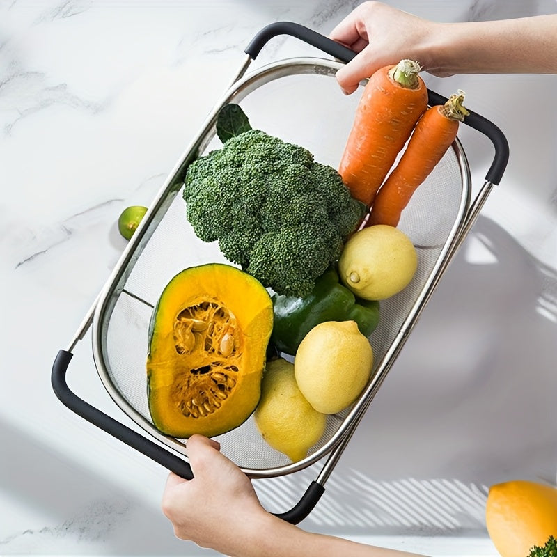 Expandable Stainless Steel Filter with Fine Mesh And Drain Basket - Suitable for Vegetables And Fruits, Kitchen Essentials, Food Safety, Filtered Vegetables