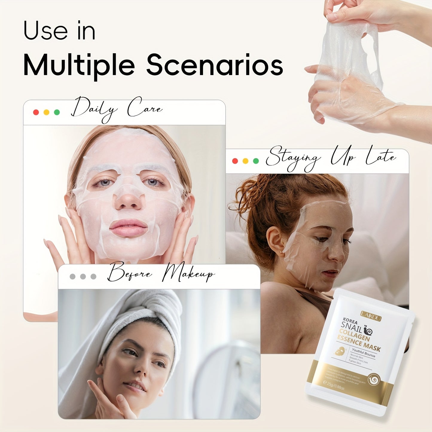 Hydrate Your Skin Using The LAIKOU Sheet Mask Set, Which Includes 15 Masks: 5 with Vitamin C, 5 with Korean Snail Essence, And 5 with Japanese Sakura. This Essence-Rich Mask Collection Makes a Perfect Gift for Christmas, Vale