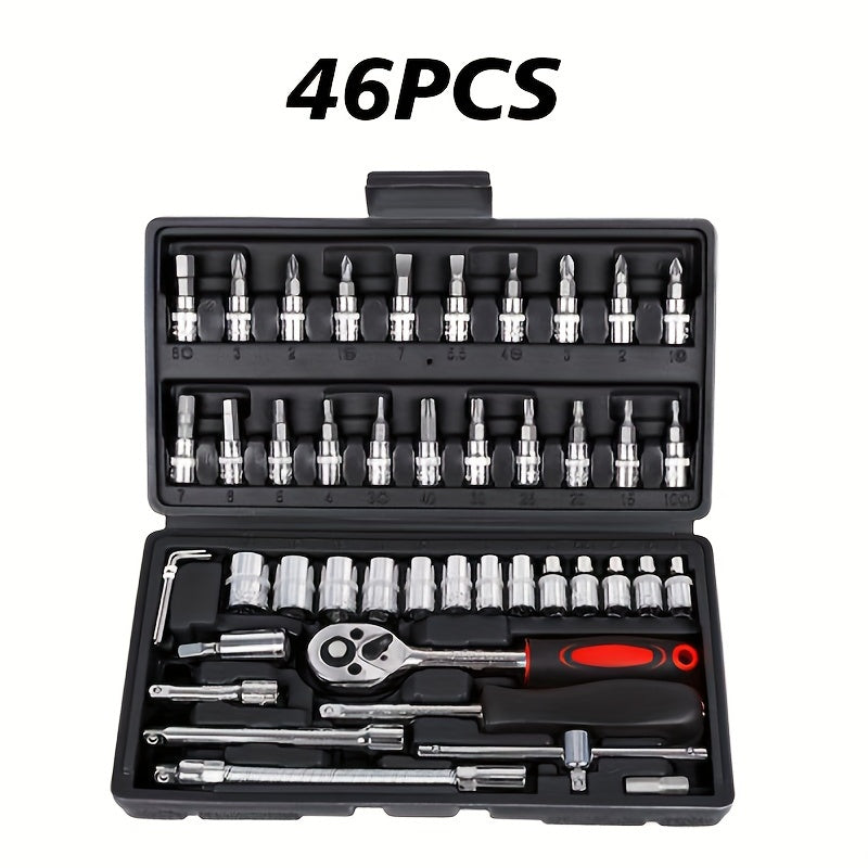 216/46pcs High Quality Multifunctional Heat Treated Chrome Vanadium Steel Ultimate Car Mechanic Tool Set, Premium Torque Wrench Set, Ultra Portable, Integrated Solution for Car, Bike And Motorcycle Maintenance