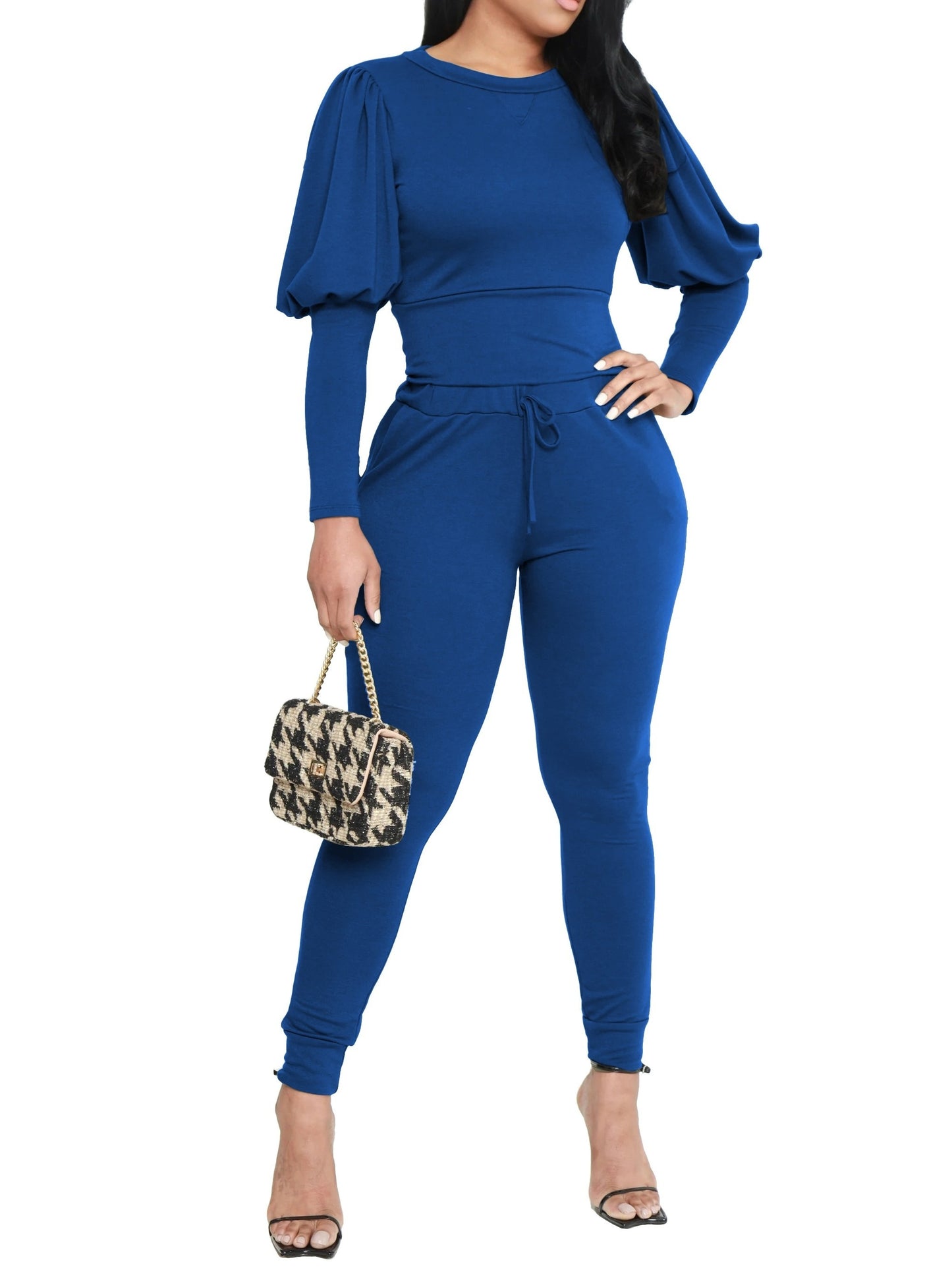 3370 Women's Two-Piece Set with Fluffy Sleeve Top and Jogging Pants, Fashionable Sporty Outfit