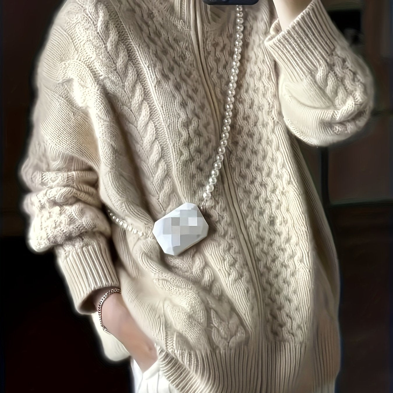 Plus Size Twist Textured Cardigan, Casual Long Sleeve Zipper Cardigan, Women's Plus Size Clothing