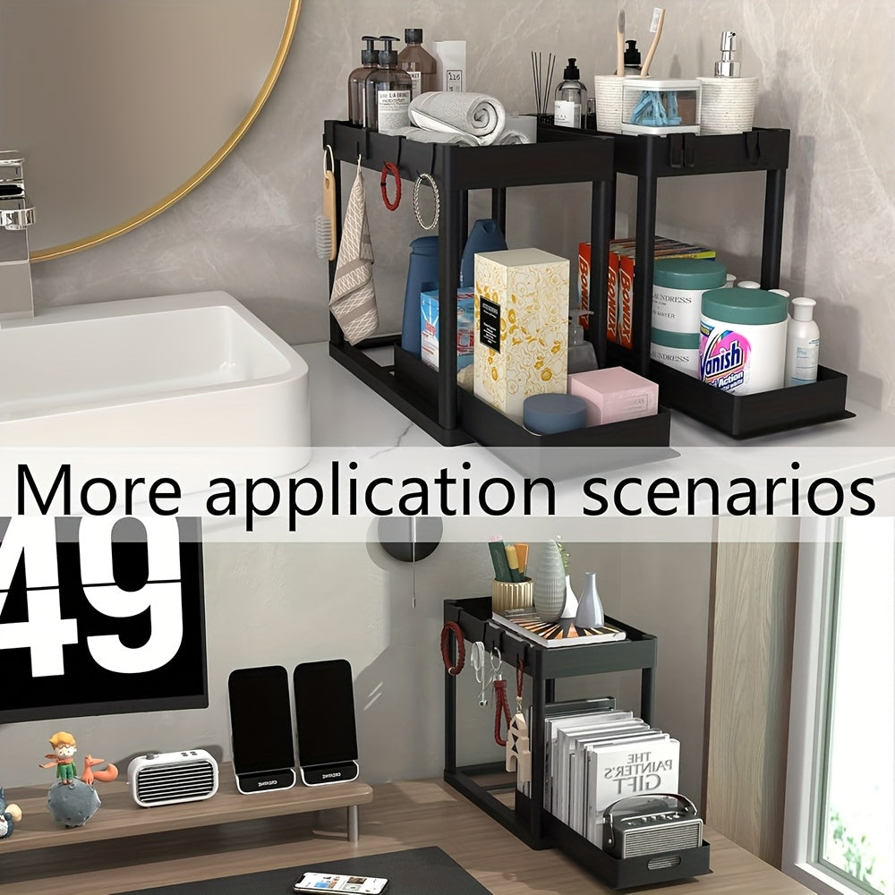 Under Sink Organizer 2 Pack, Kitchen Cabinet Organizer, 2 Tier Sliding Cabinet Basket Organizer Drawer, Multi-Purpose Bath Collection Baskets for Kitchen Under Counter Storage Organizer with 8 Hooks